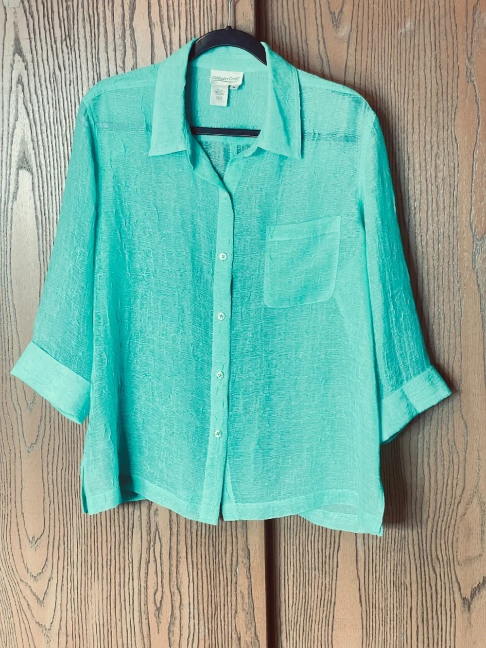 COLDWATER CREEK SEMI-SHEER XL BUTTON FRONT TOP SHIRT 3/4 SLEEVES TEAL - Picture 2 of 8